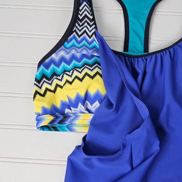 Women's Blue Layered Multicolor Striped Boy Short Racerback Tankini Set Size S - Picture 5 of 14